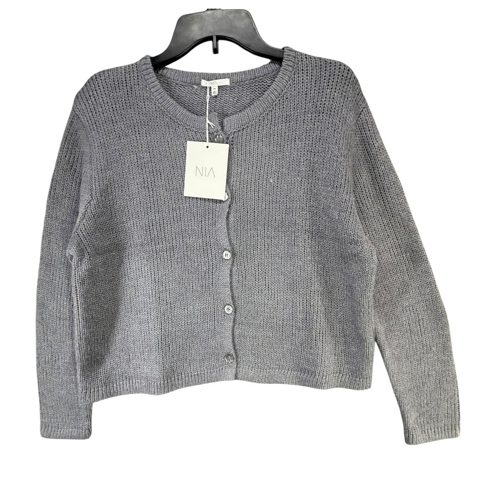 Nia Ariana Cardigan Sweater Womens S/M Gray Cropped Relaxed Fit Boxy Minimalist - Picture 6 of 15